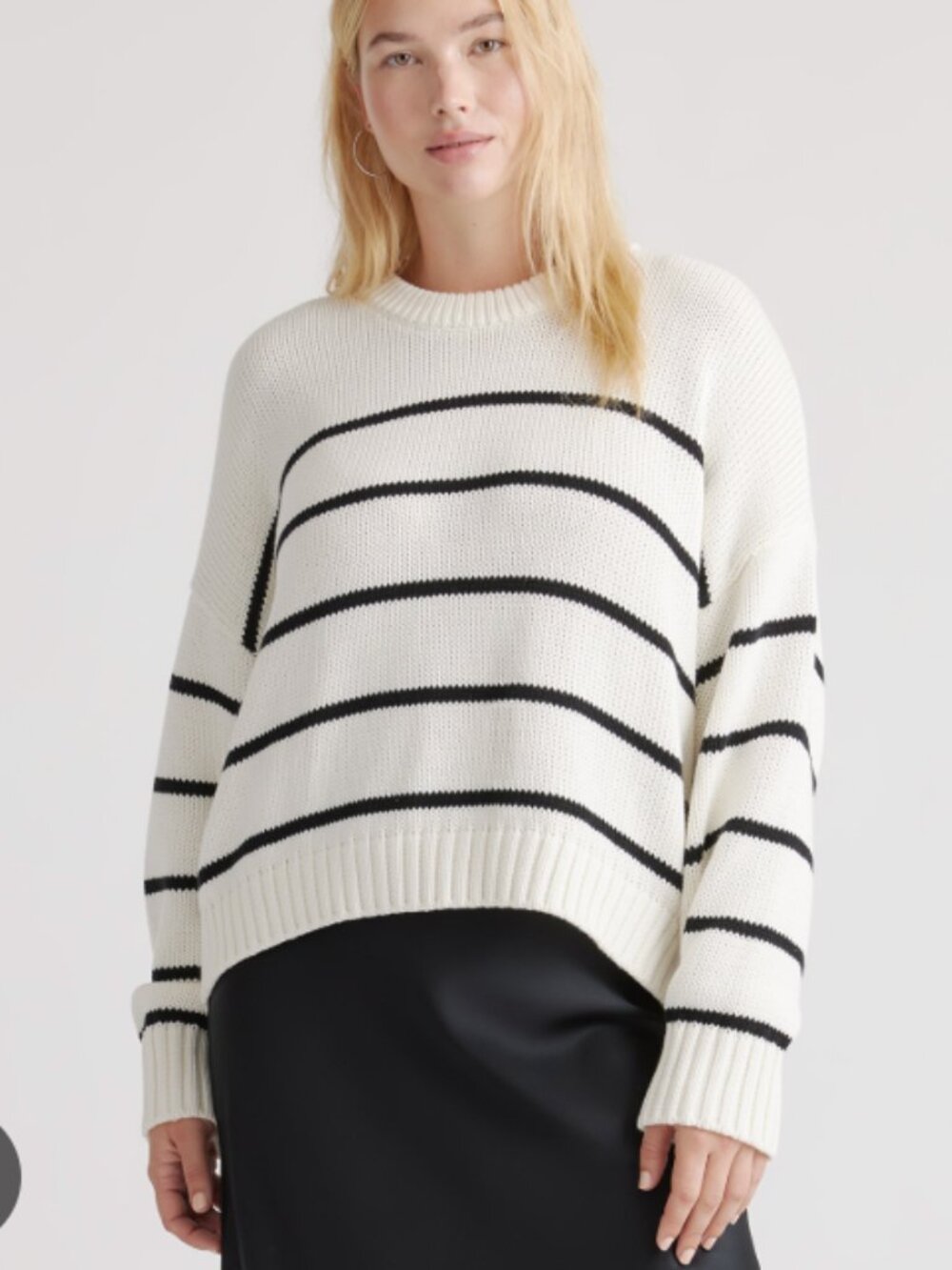 Quince 100% Organic Cotton Striped Crew Sweater S Ivory / Black